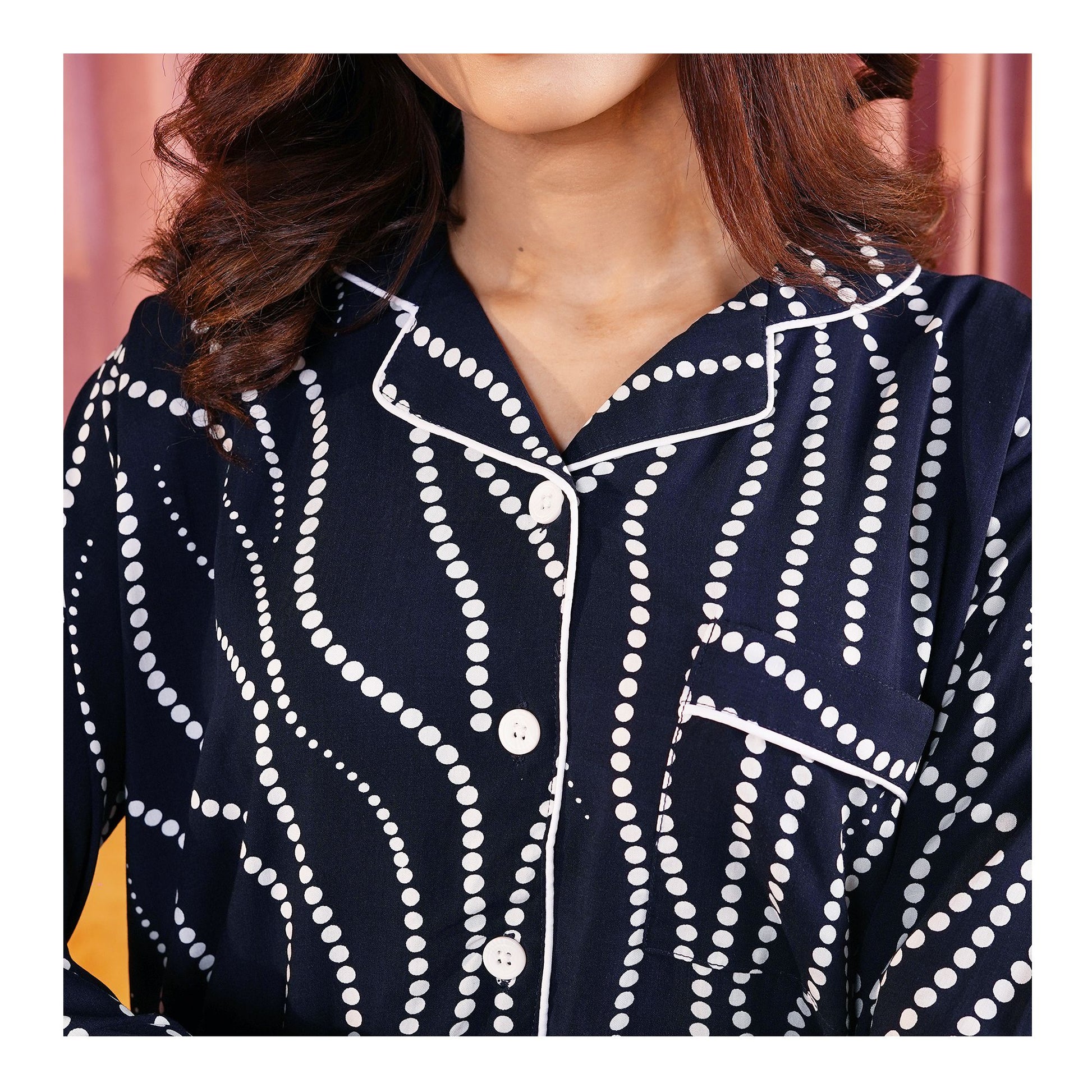 Basix Women's Navy Blue With White Ripples Loungewear, 2-Piece Set, LW-661