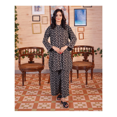 Basix Women's Black & Beige Wrinkle Free Fabric Relax Fit Fusion, Co-Ord Set, CORD-113