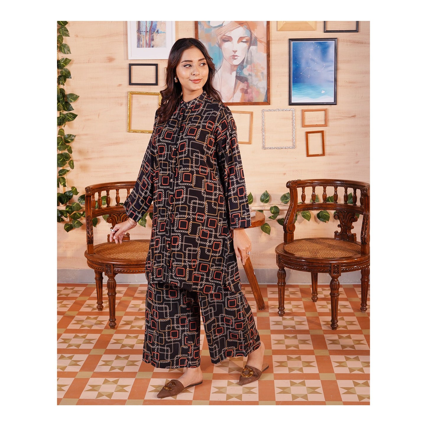 Basix Women's Black Geometric Patterns Viscose Fabric Relax Fit Fusion, Co-Ord Set, CORD-114