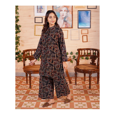 Basix Women's Black Geometric Patterns Viscose Fabric Relax Fit Fusion, Co-Ord Set, CORD-114