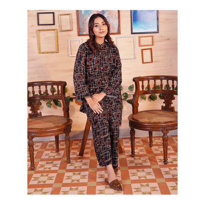 Basix Women's Black Geometric Patterns Viscose Fabric Relax Fit Fusion, Co-Ord Set, CORD-114