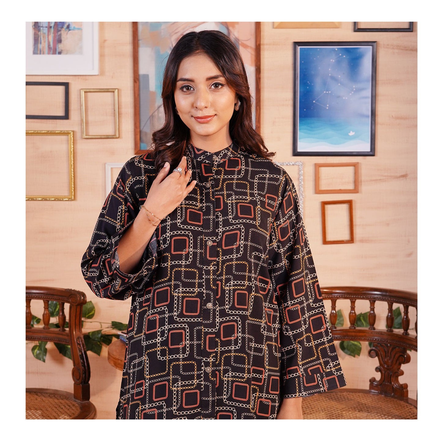Basix Women's Black Geometric Patterns Viscose Fabric Relax Fit Fusion, Co-Ord Set, CORD-114