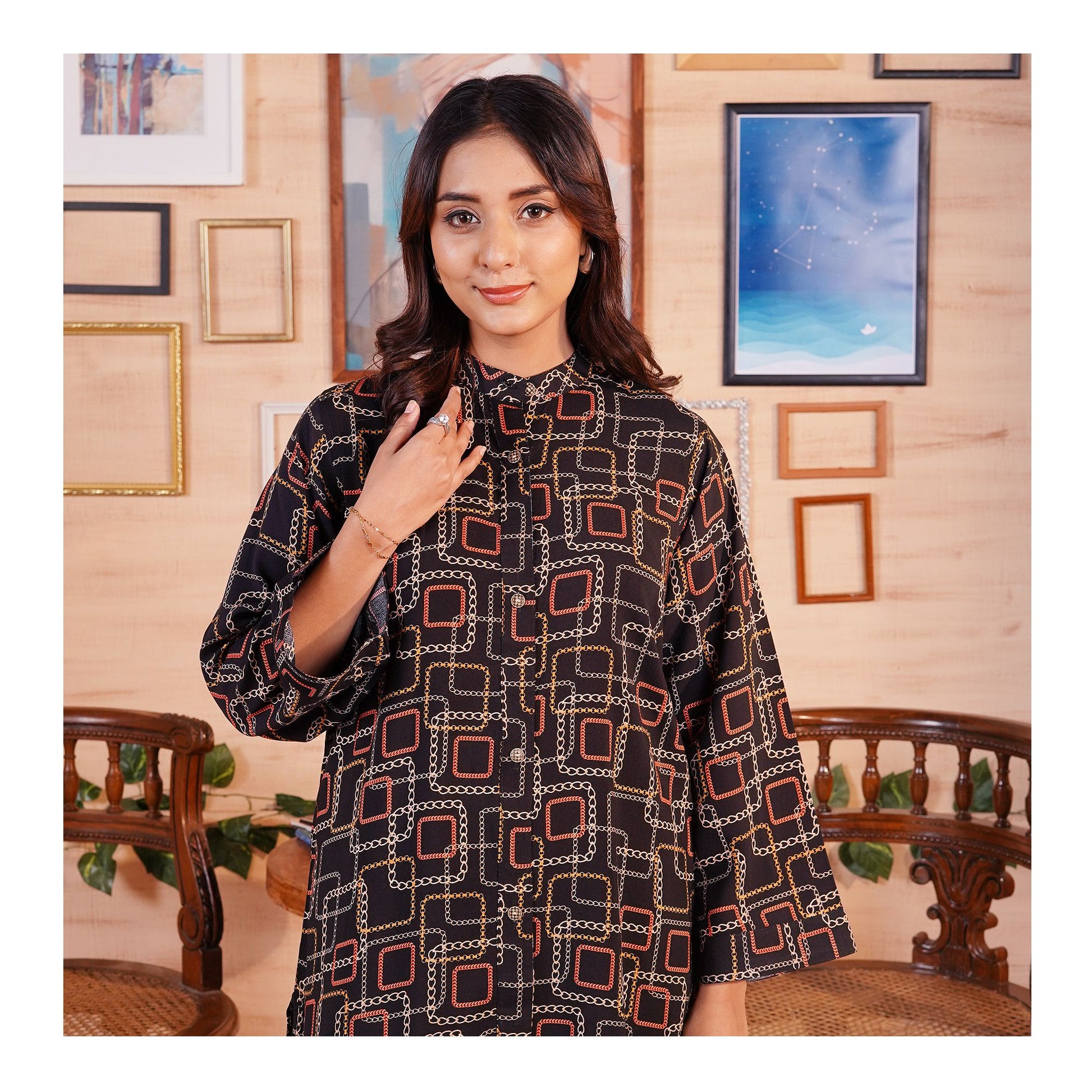 Basix Women's Black Geometric Patterns Viscose Fabric Relax Fit Fusion, Co-Ord Set, CORD-114