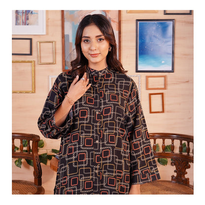 Basix Women's Black Geometric Patterns Viscose Fabric Relax Fit Fusion, Co-Ord Set, CORD-114