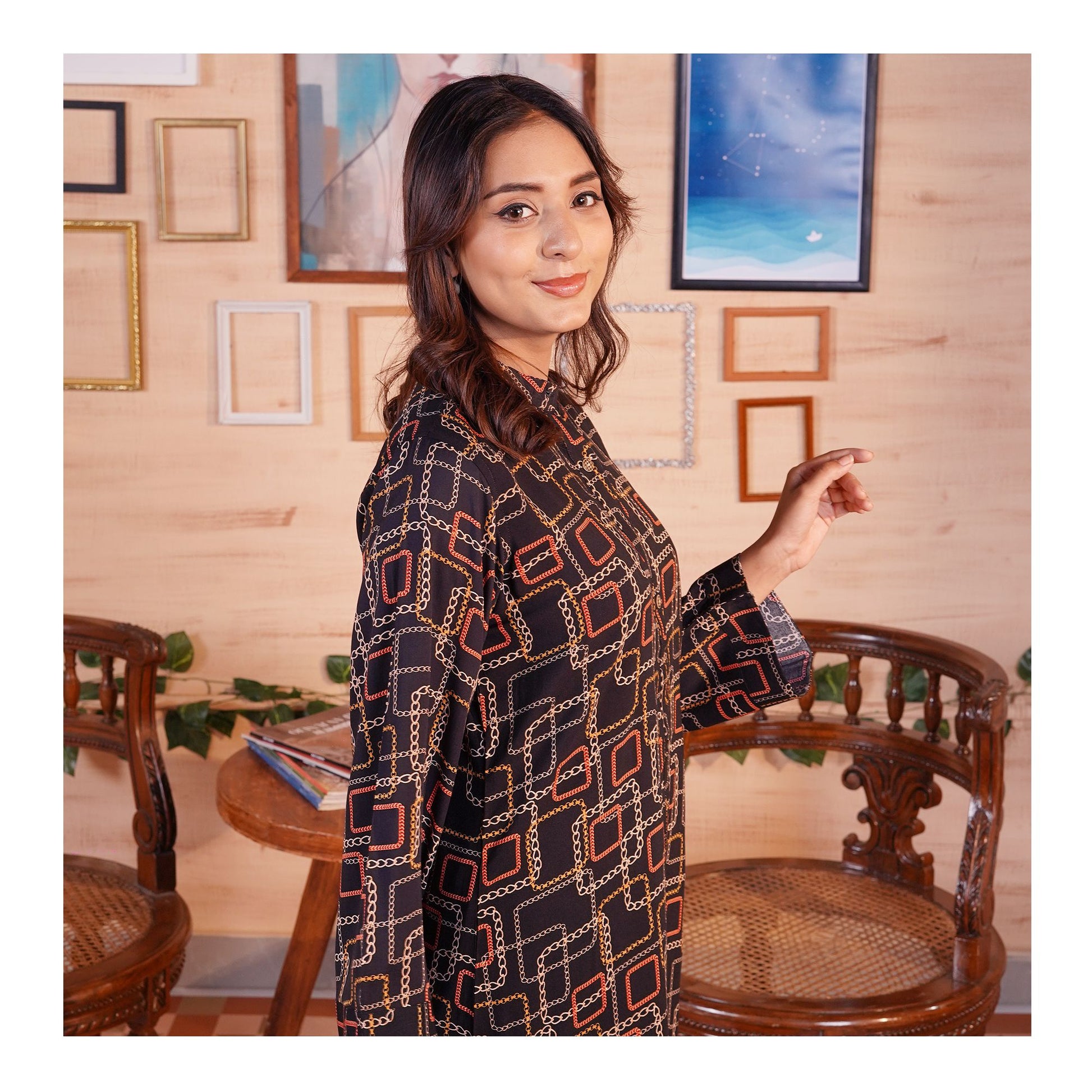 Basix Women's Black Geometric Patterns Viscose Fabric Relax Fit Fusion, Co-Ord Set, CORD-114