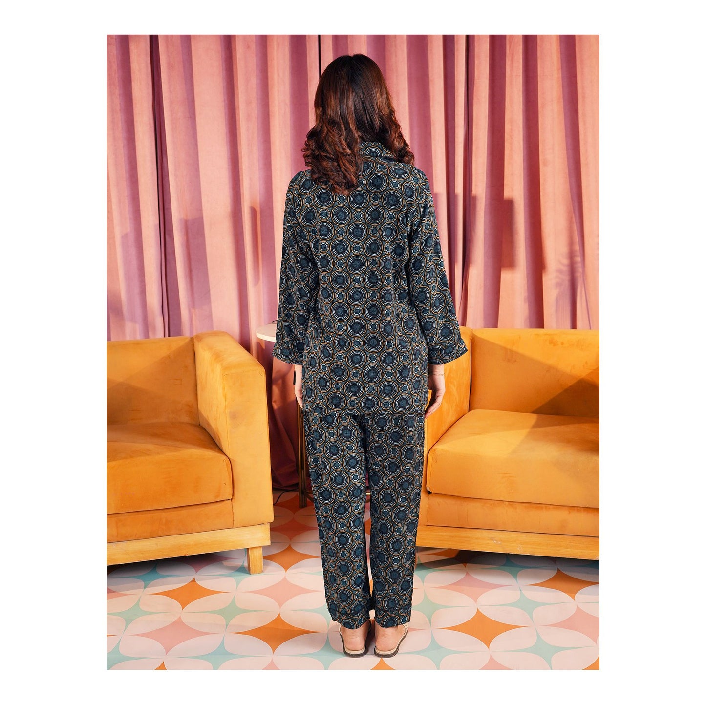 Basix Women's Black Turquoise & Grey Circular Patterns Loungewear, 2-Piece Set, LW-663