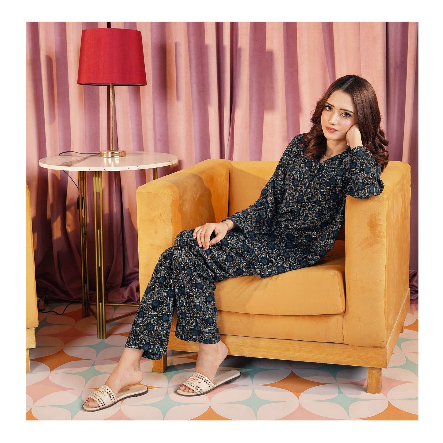 Basix Women's Black Turquoise & Grey Circular Patterns Loungewear, 2-Piece Set, LW-663