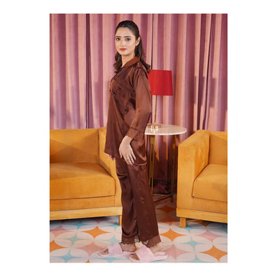 Basix Women's Dark Brown Full Sleeves Shirt & Trouser With Lace, 2-Piece, SW-119