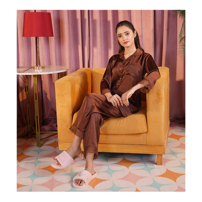 Basix Women's Dark Brown Full Sleeves Shirt & Trouser With Lace, 2-Piece, SW-119