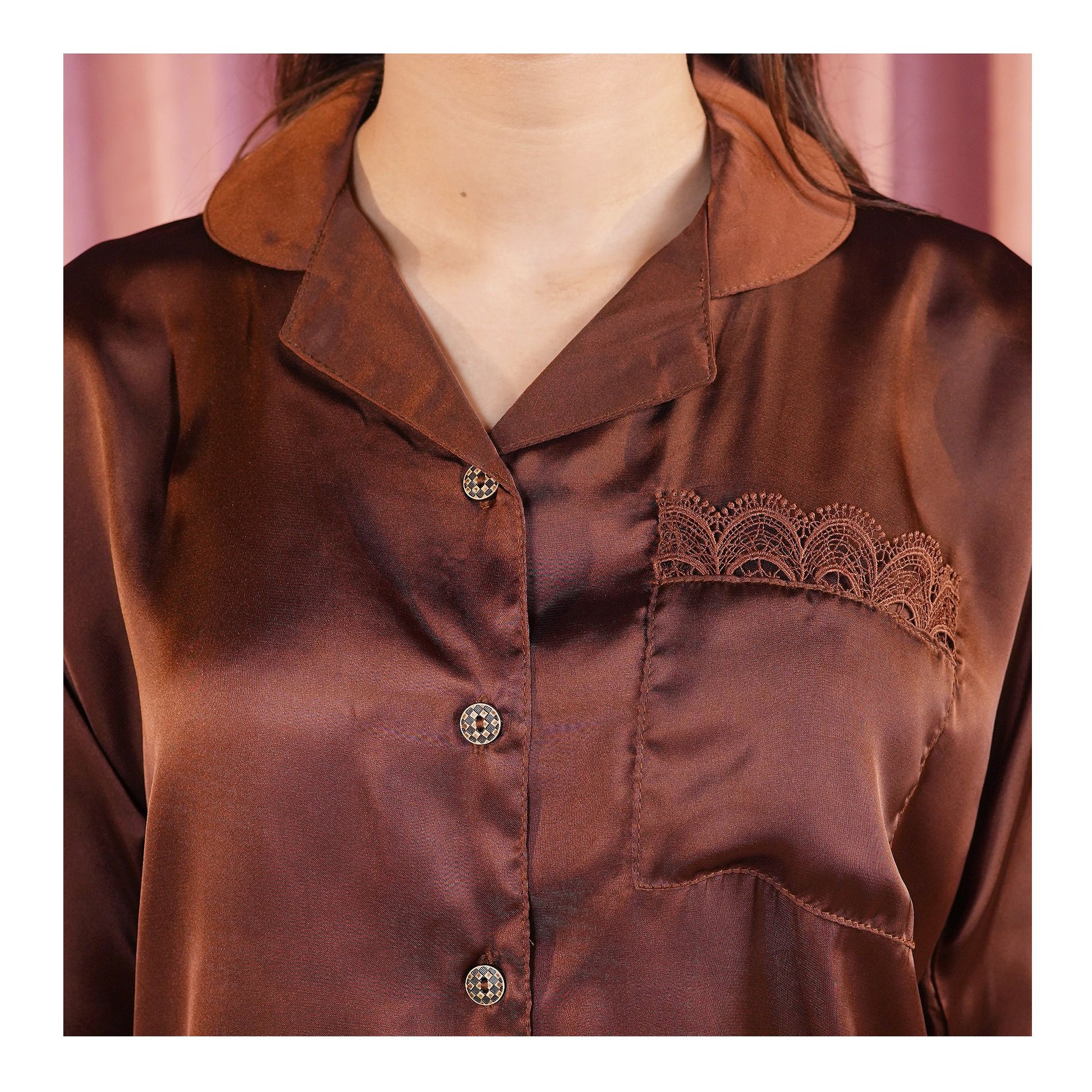 Basix Women's Dark Brown Full Sleeves Shirt & Trouser With Lace, 2-Piece, SW-119