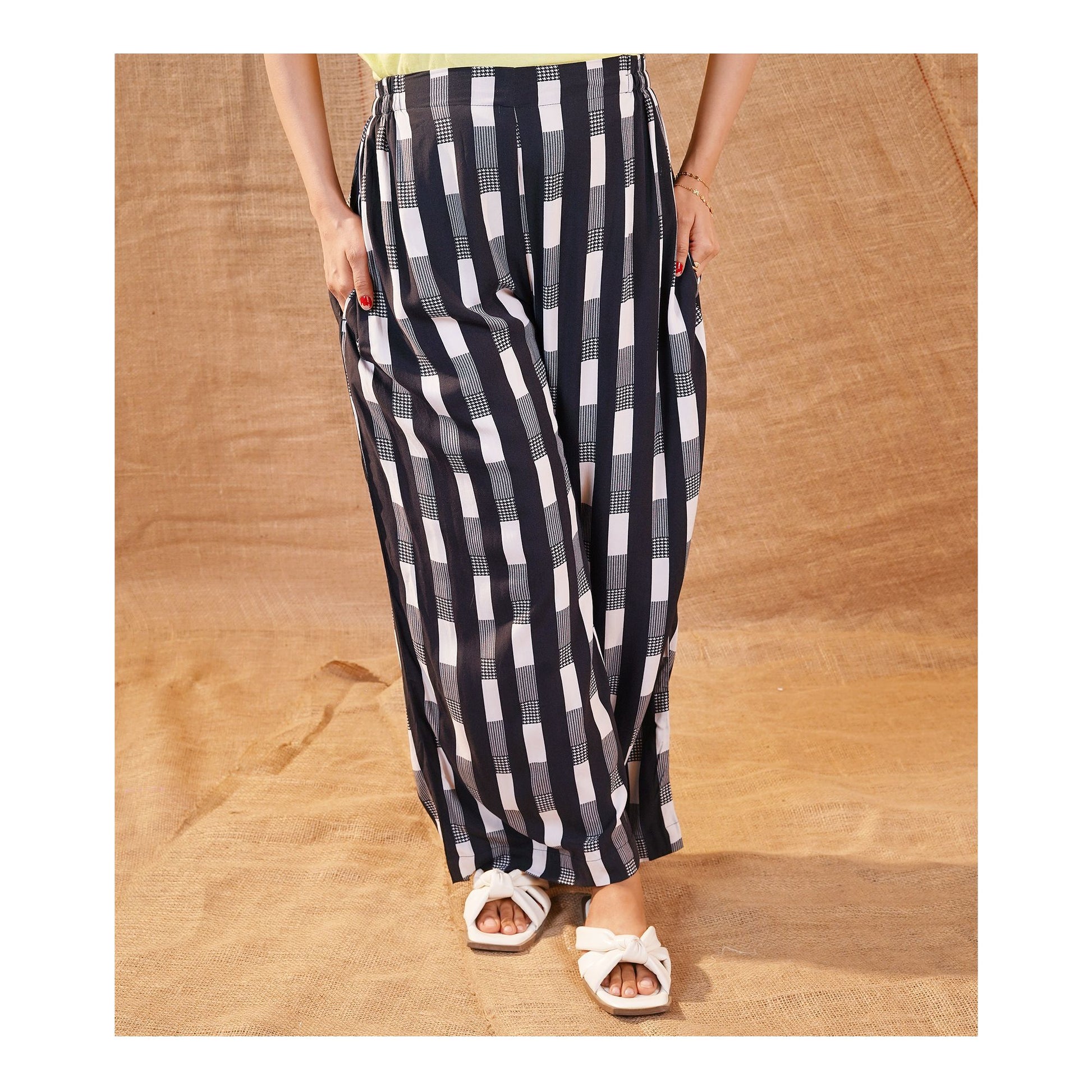 Basix Women's Twin Pocket Black Grey & White Geometric Boxes, Palazzos, LT-616