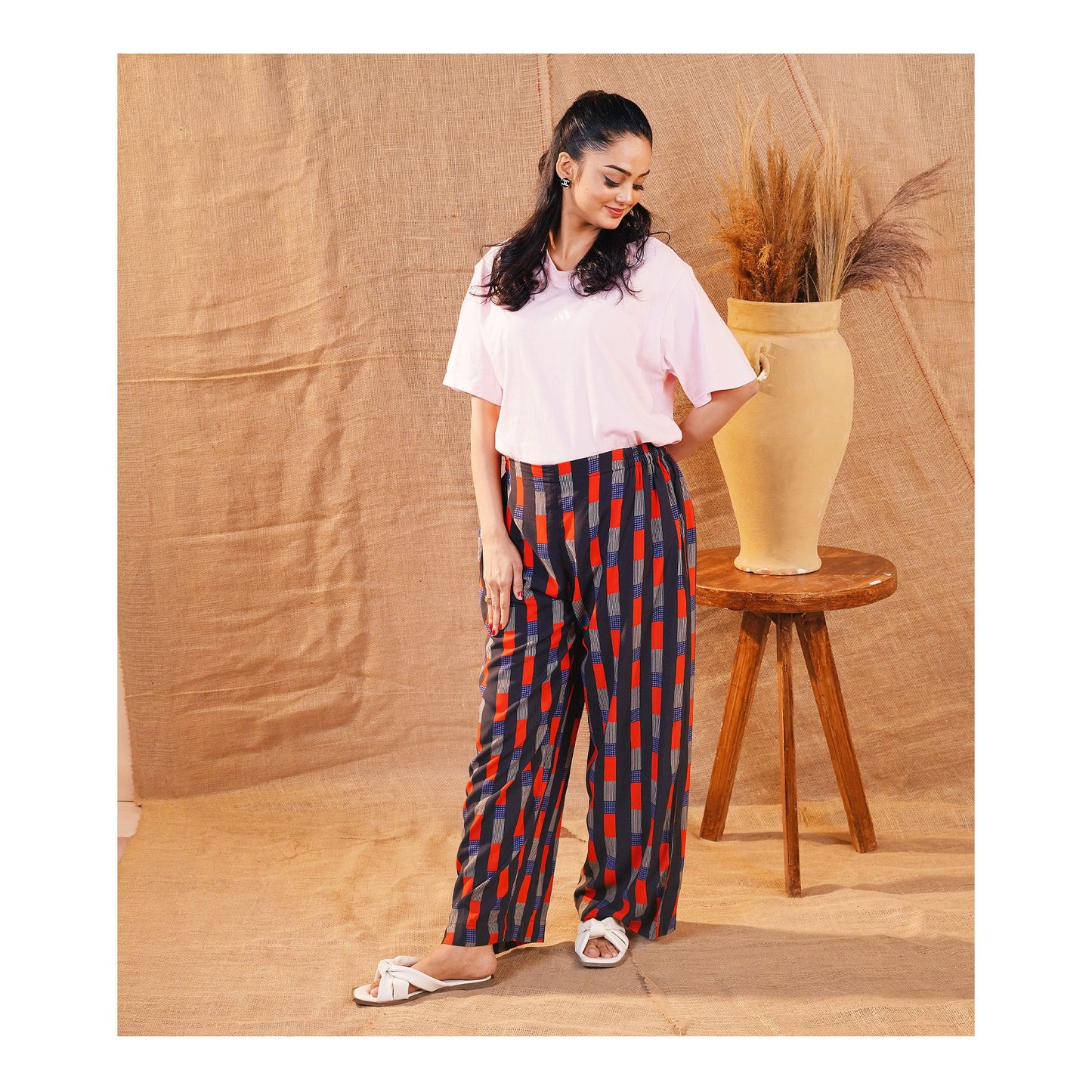 Basix Women's Twin Pocket Black Grey & Red Geometric Boxes, Palazzos, LT-617