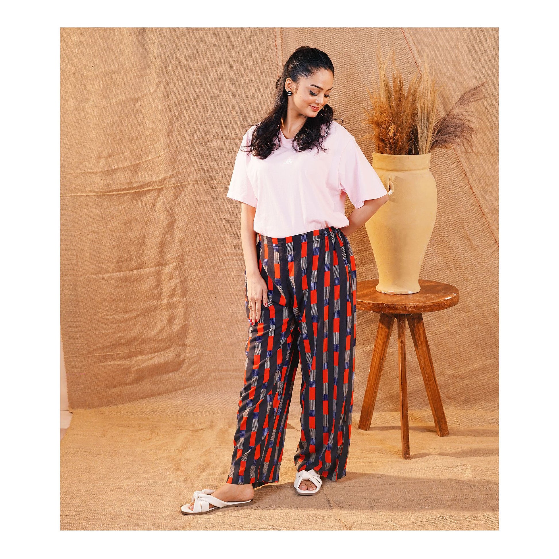 Basix Women's Twin Pocket Black Grey & Red Geometric Boxes, Palazzos, LT-617