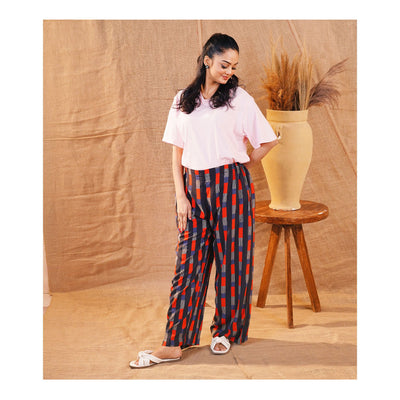 Basix Women's Twin Pocket Black Grey & Red Geometric Boxes, Palazzos, LT-617