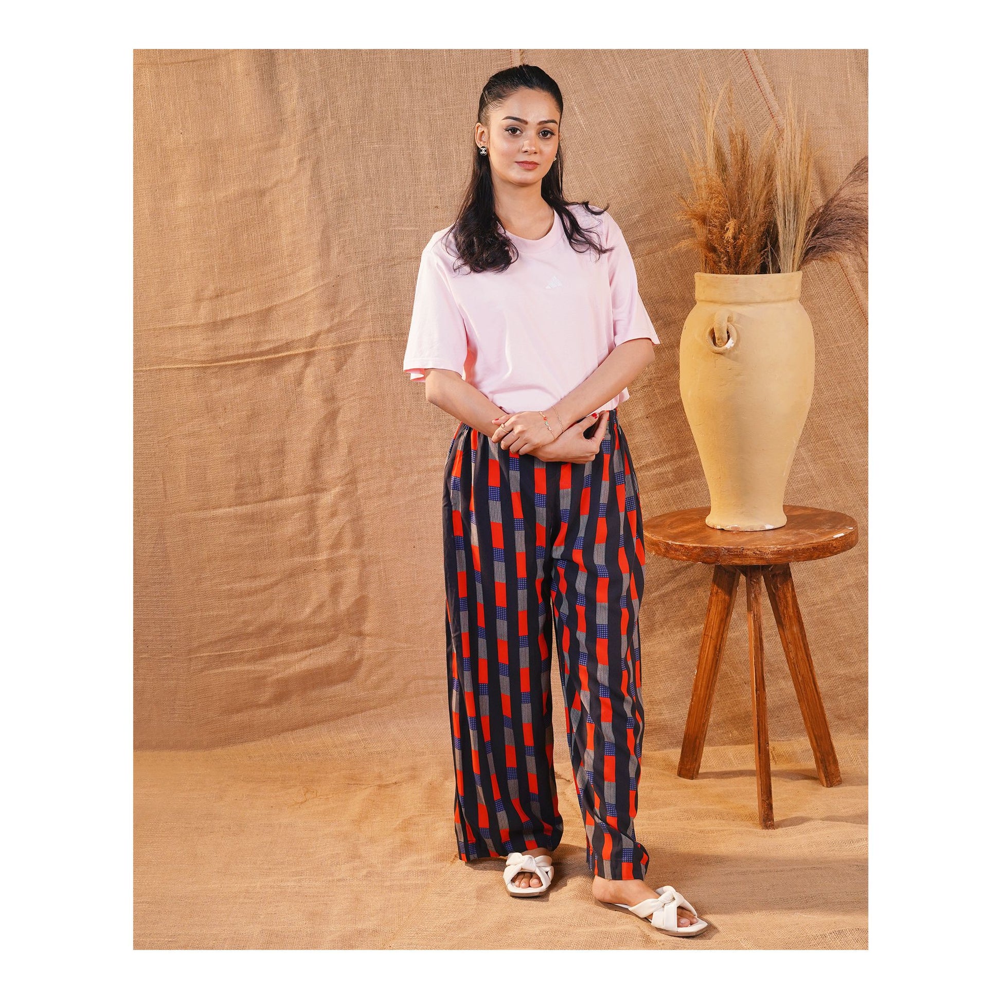 Basix Women's Twin Pocket Black Grey & Red Geometric Boxes, Palazzos, LT-617