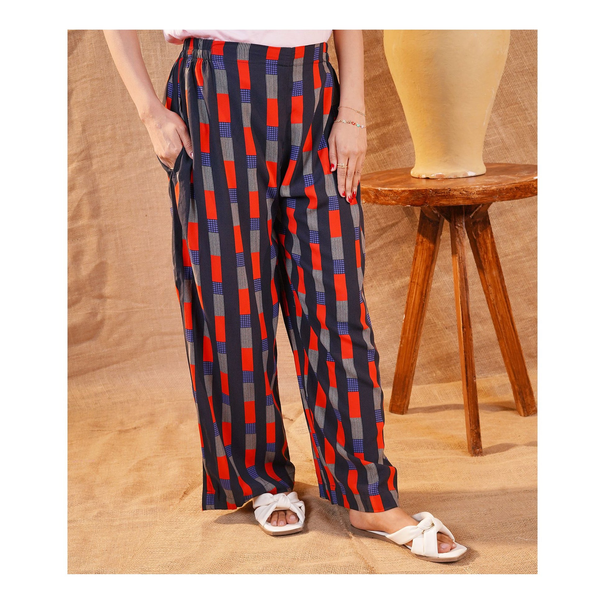 Basix Women's Twin Pocket Black Grey & Red Geometric Boxes, Palazzos, LT-617