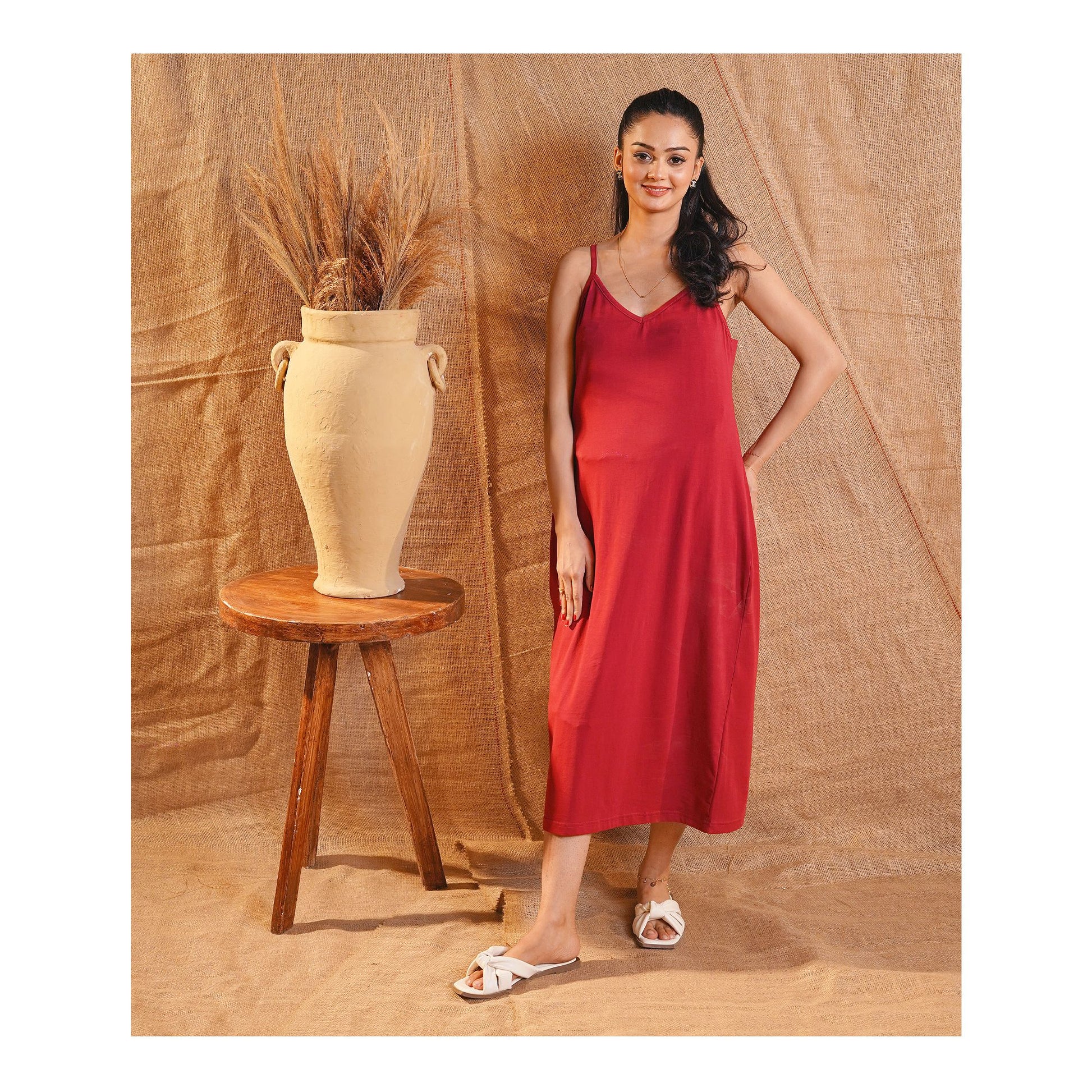 Basix Women's Stretchable Long Night Gown, Cotton, Maroon, LNG-51