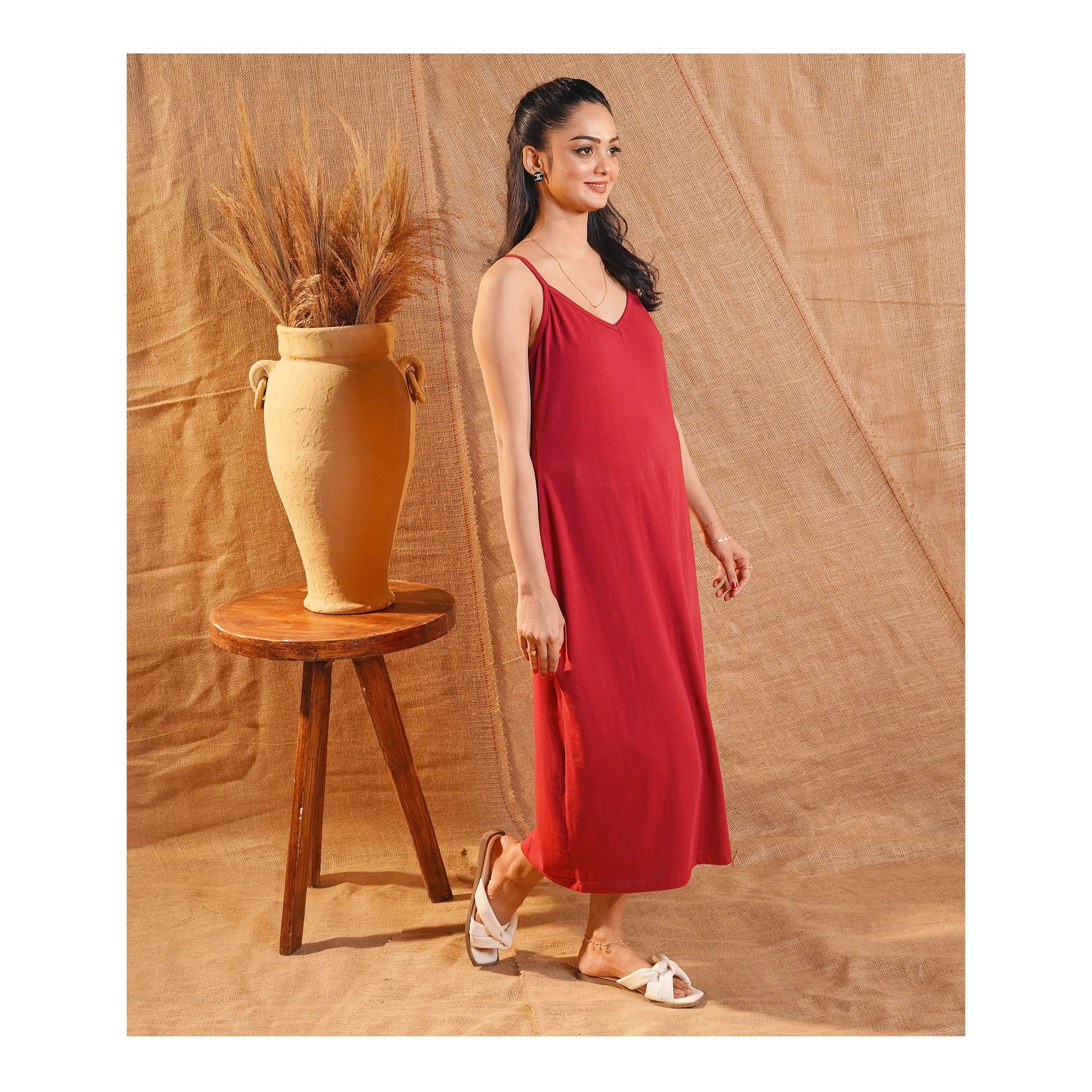 Basix Women's Stretchable Long Night Gown, Cotton, Maroon, LNG-51