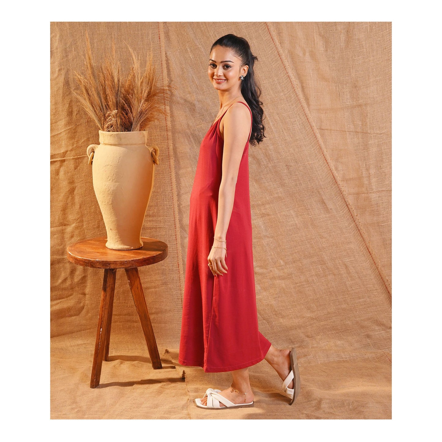 Basix Women's Stretchable Long Night Gown, Cotton, Maroon, LNG-51