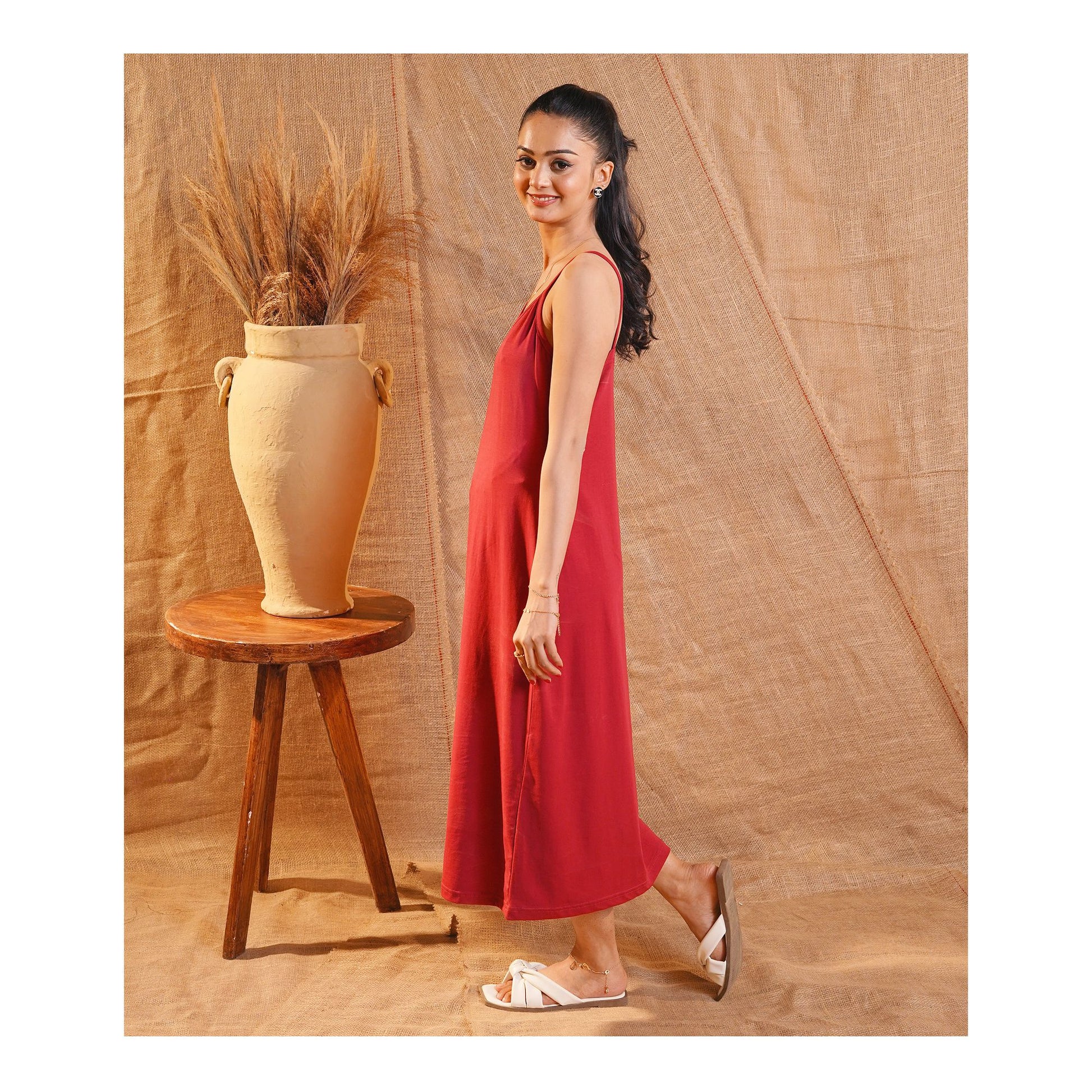 Basix Women's Stretchable Long Night Gown, Cotton, Maroon, LNG-51