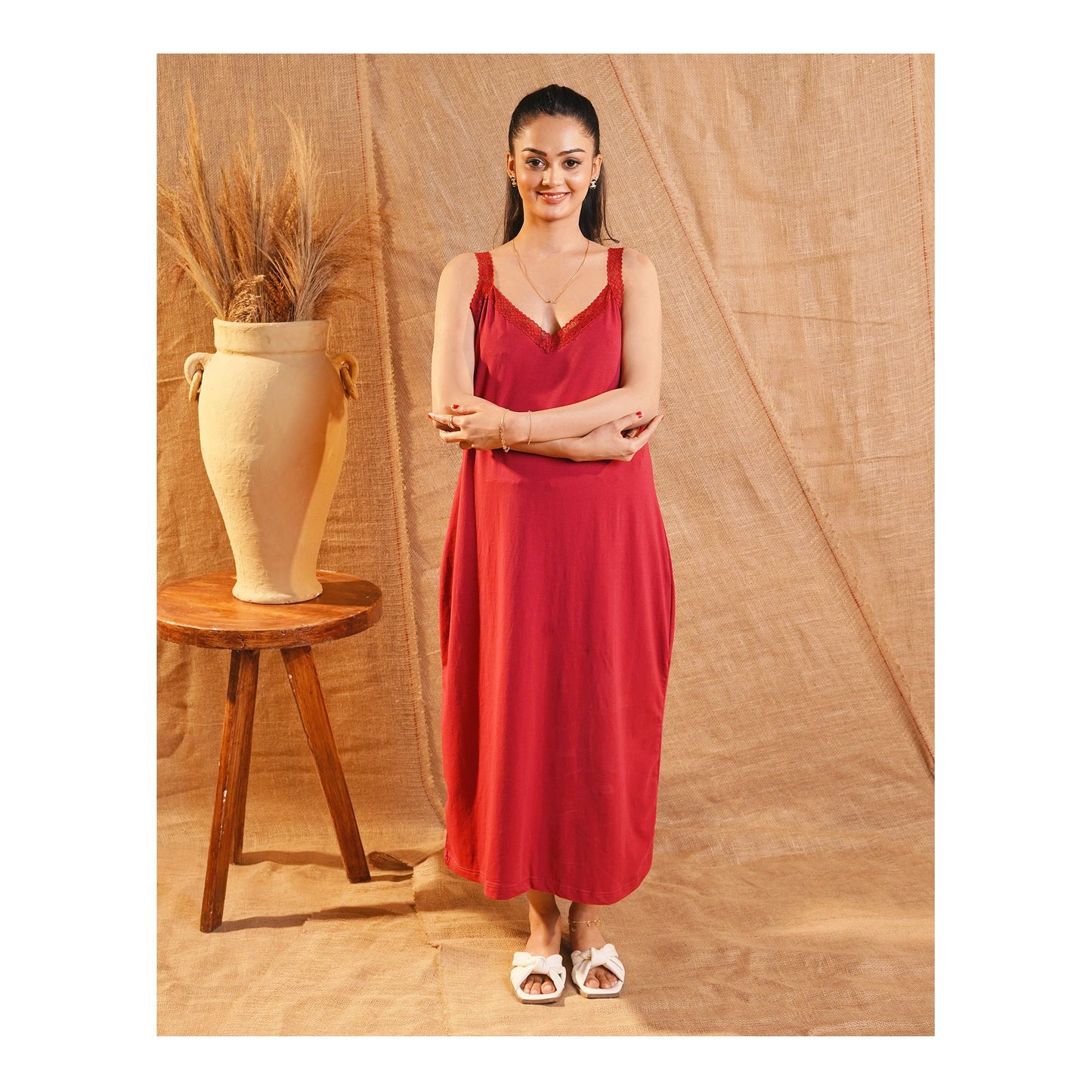 Basix Women's Stretchable Night Gown With Stretchable Neck & Shoulder Strap Laces, Cotton, Maroon, LNG-52