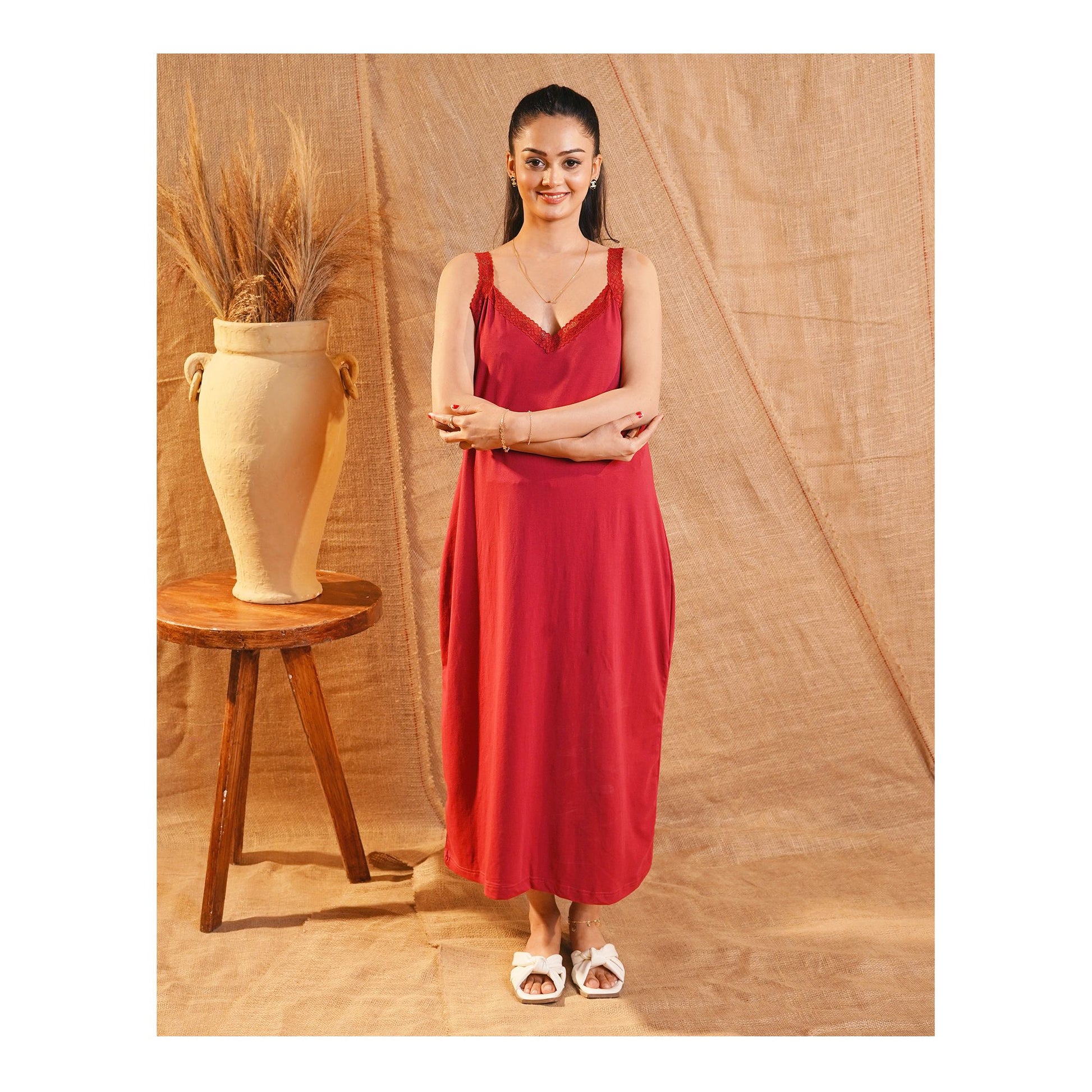 Basix Women's Stretchable Night Gown With Stretchable Neck & Shoulder Strap Laces, Cotton, Maroon, LNG-52