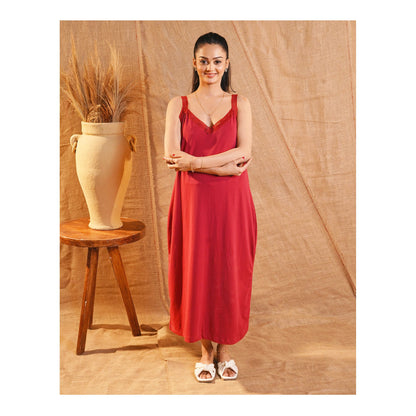 Basix Women's Stretchable Night Gown With Stretchable Neck & Shoulder Strap Laces, Cotton, Maroon, LNG-52
