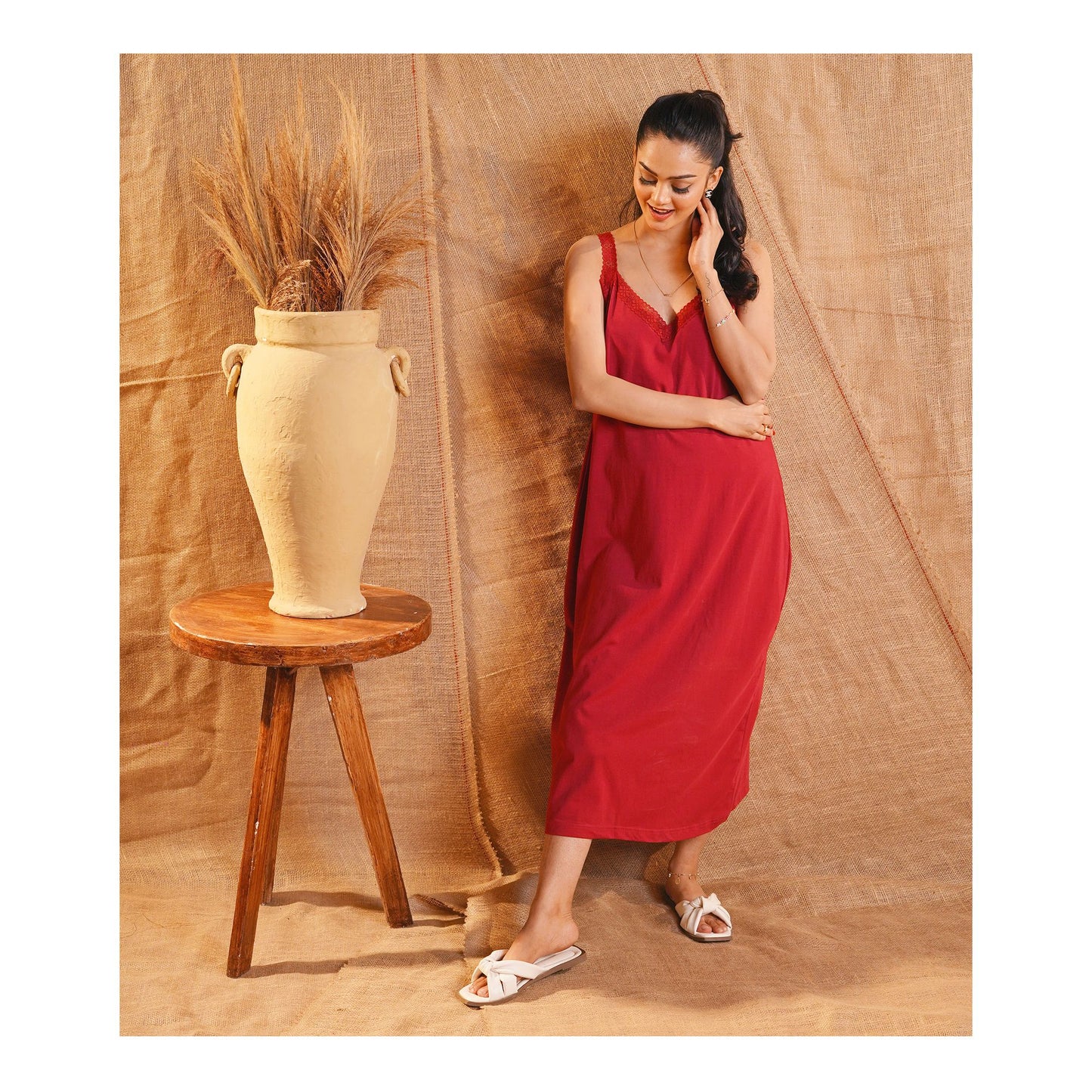 Basix Women's Stretchable Night Gown With Stretchable Neck & Shoulder Strap Laces, Cotton, Maroon, LNG-52