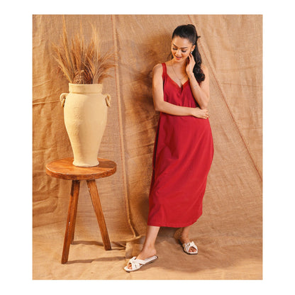 Basix Women's Stretchable Night Gown With Stretchable Neck & Shoulder Strap Laces, Cotton, Maroon, LNG-52