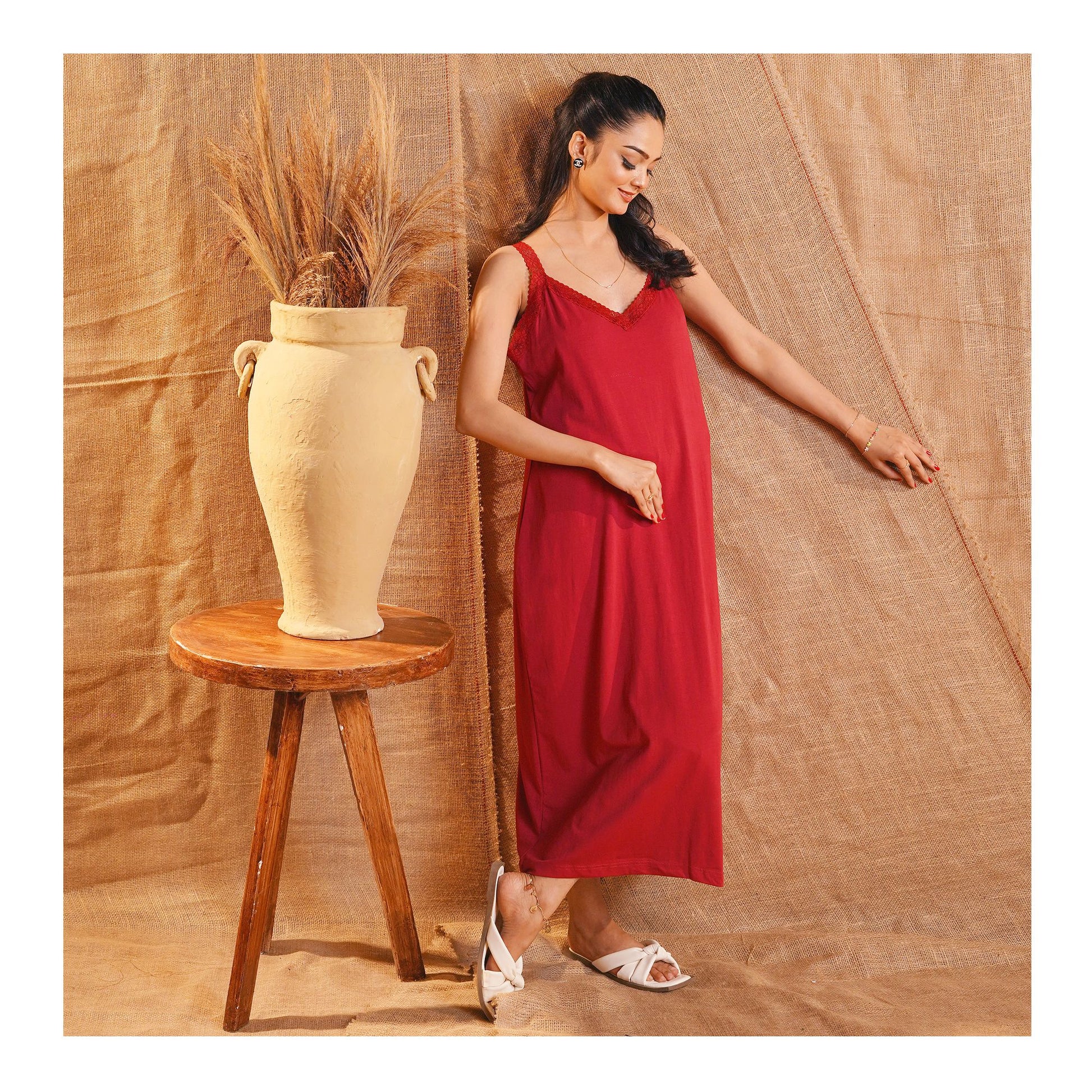 Basix Women's Stretchable Night Gown With Stretchable Neck & Shoulder Strap Laces, Cotton, Maroon, LNG-52