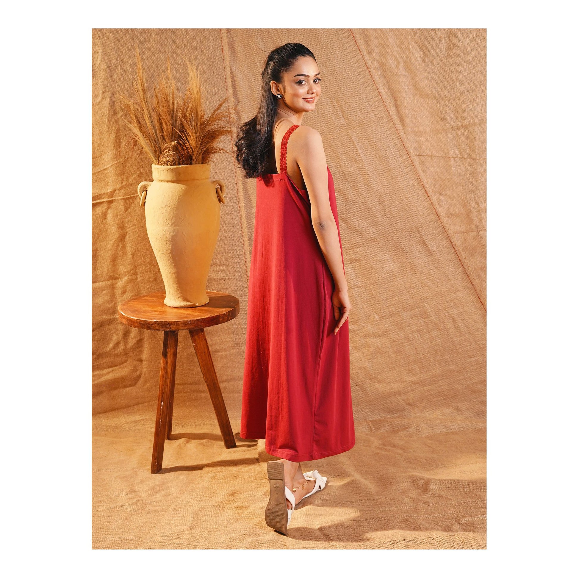 Basix Women's Stretchable Night Gown With Stretchable Neck & Shoulder Strap Laces, Cotton, Maroon, LNG-52