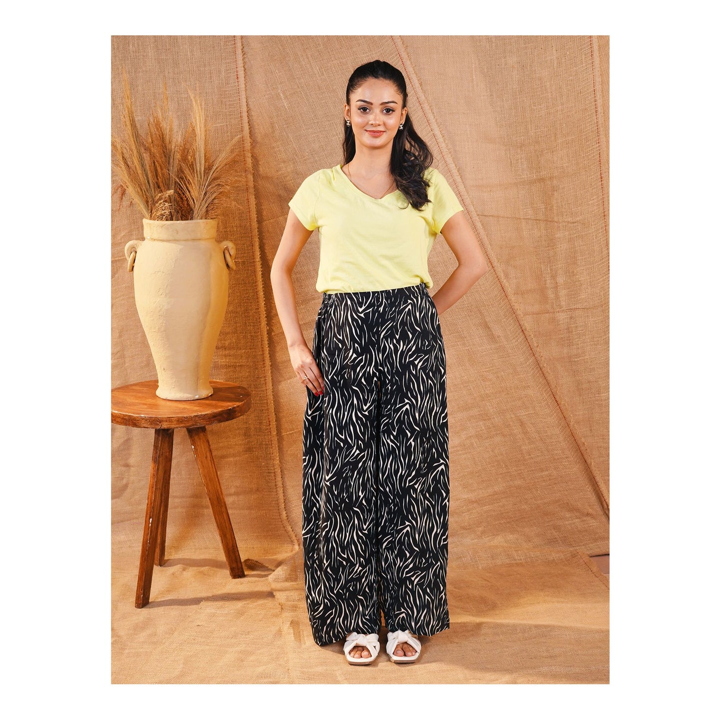 Basix Women's Twin Pocket Abstract Stripes Palazzos, Black With White, LT-618