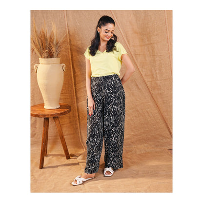Basix Women's Twin Pocket Abstract Stripes Palazzos, Black With White, LT-618