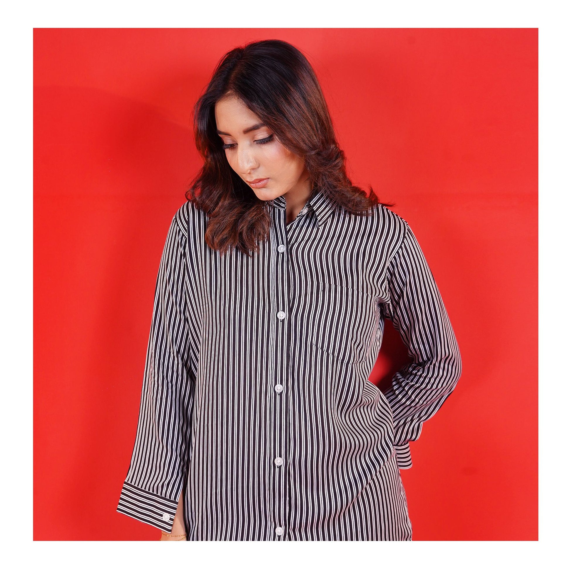 Basix Women's Black & White Striped Western Shirt With Plain Black Palazzo, LWD-101