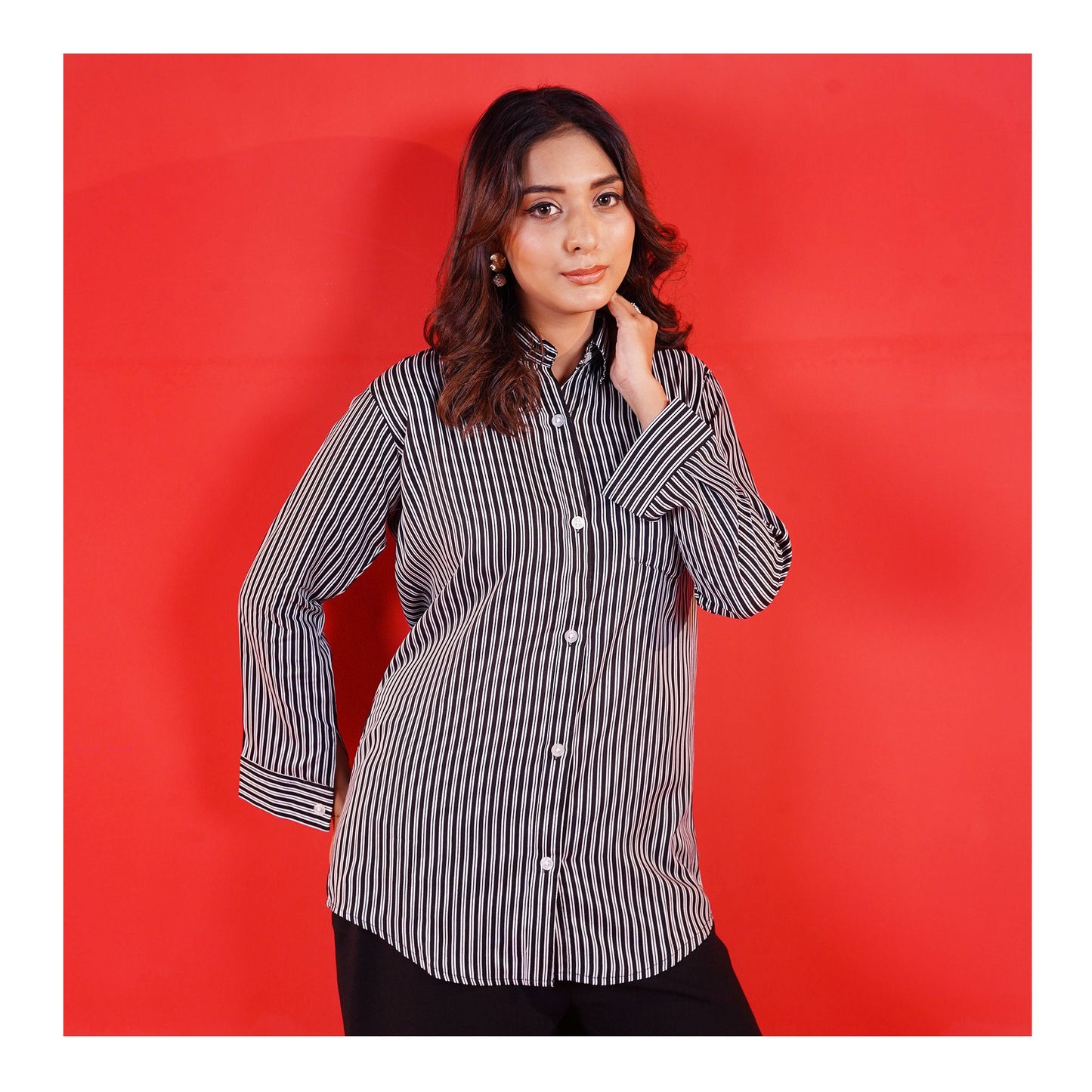 Basix Women's Black & White Striped Western Shirt With Plain Black Palazzo, LWD-101