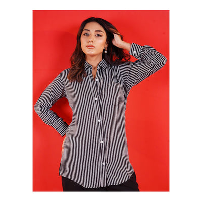 Basix Women's Black & White Striped Western Shirt With Plain Black Palazzo, LWD-101