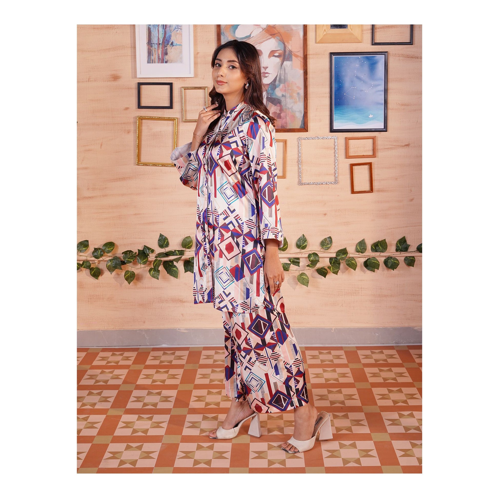 Basix Women's Geometric Pattern Digital Silk Relax Fit Fusion Co-Ord Set, Beige Blue & Maroon, CORD-116