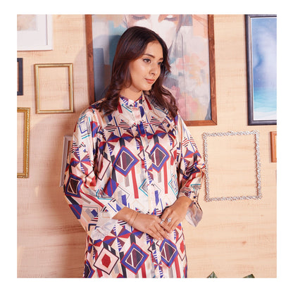 Basix Women's Geometric Pattern Digital Silk Relax Fit Fusion Co-Ord Set, Beige Blue & Maroon, CORD-116