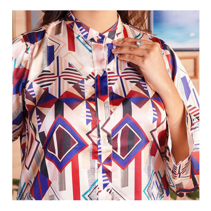 Basix Women's Geometric Pattern Digital Silk Relax Fit Fusion Co-Ord Set, Beige Blue & Maroon, CORD-116