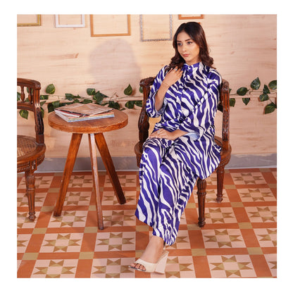 Basix Women's Abstract Pattern Digital Silk Relax Fit Fusion Co-Ord Set, Navy & White, CORD-117