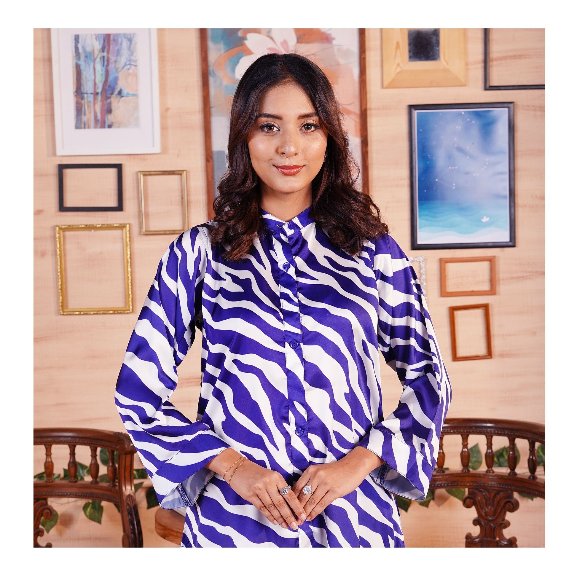 Basix Women's Abstract Pattern Digital Silk Relax Fit Fusion Co-Ord Set, Navy & White, CORD-117