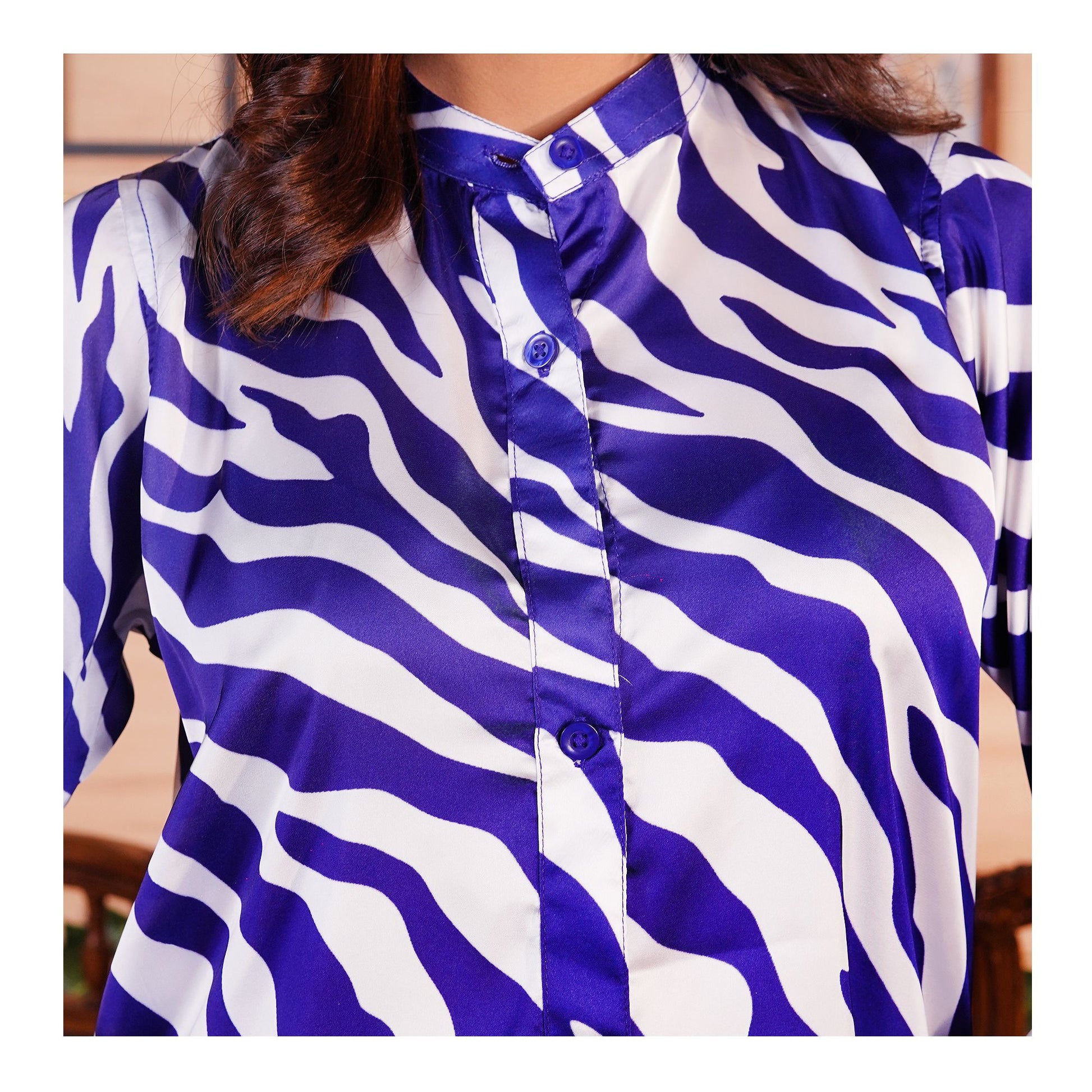 Basix Women's Abstract Pattern Digital Silk Relax Fit Fusion Co-Ord Set, Navy & White, CORD-117