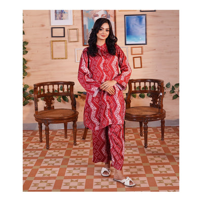 Basix Women's Digital Silk Relax Fit Fusion Co-Ord Set, Maroon & White, CORD-118