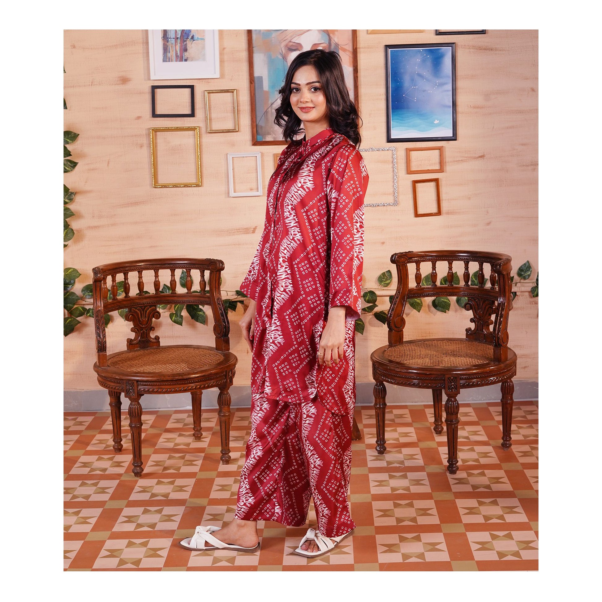 Basix Women's Digital Silk Relax Fit Fusion Co-Ord Set, Maroon & White, CORD-118