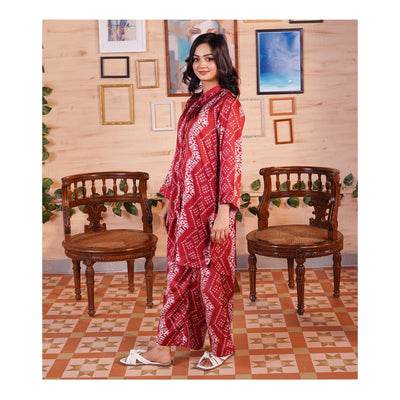 Basix Women's Digital Silk Relax Fit Fusion Co-Ord Set, Maroon & White, CORD-118