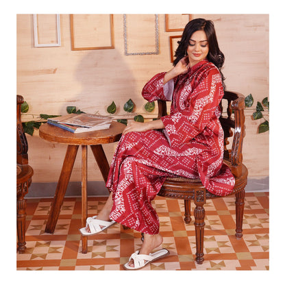 Basix Women's Digital Silk Relax Fit Fusion Co-Ord Set, Maroon & White, CORD-118