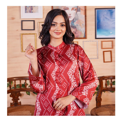 Basix Women's Digital Silk Relax Fit Fusion Co-Ord Set, Maroon & White, CORD-118