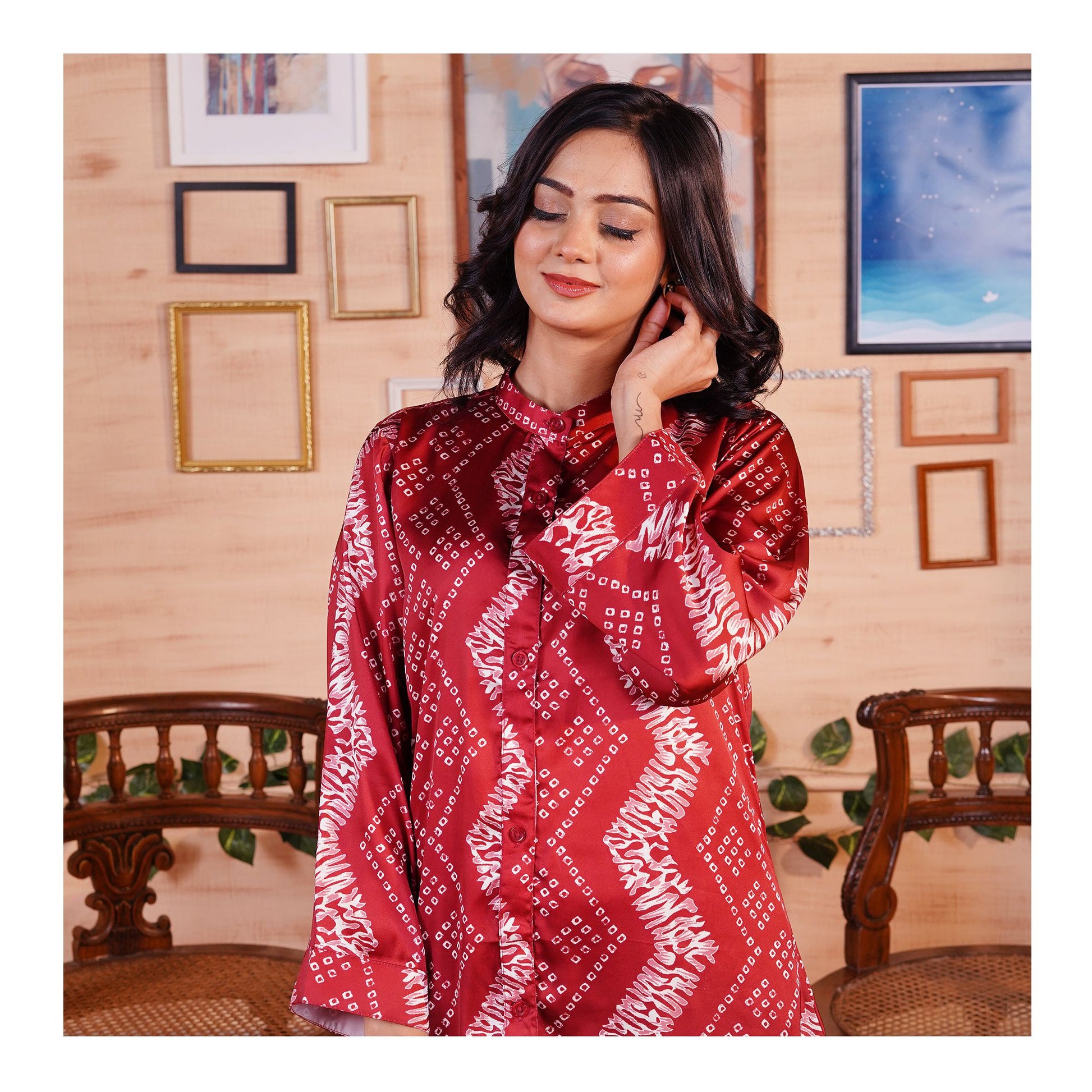 Basix Women's Digital Silk Relax Fit Fusion Co-Ord Set, Maroon & White, CORD-118