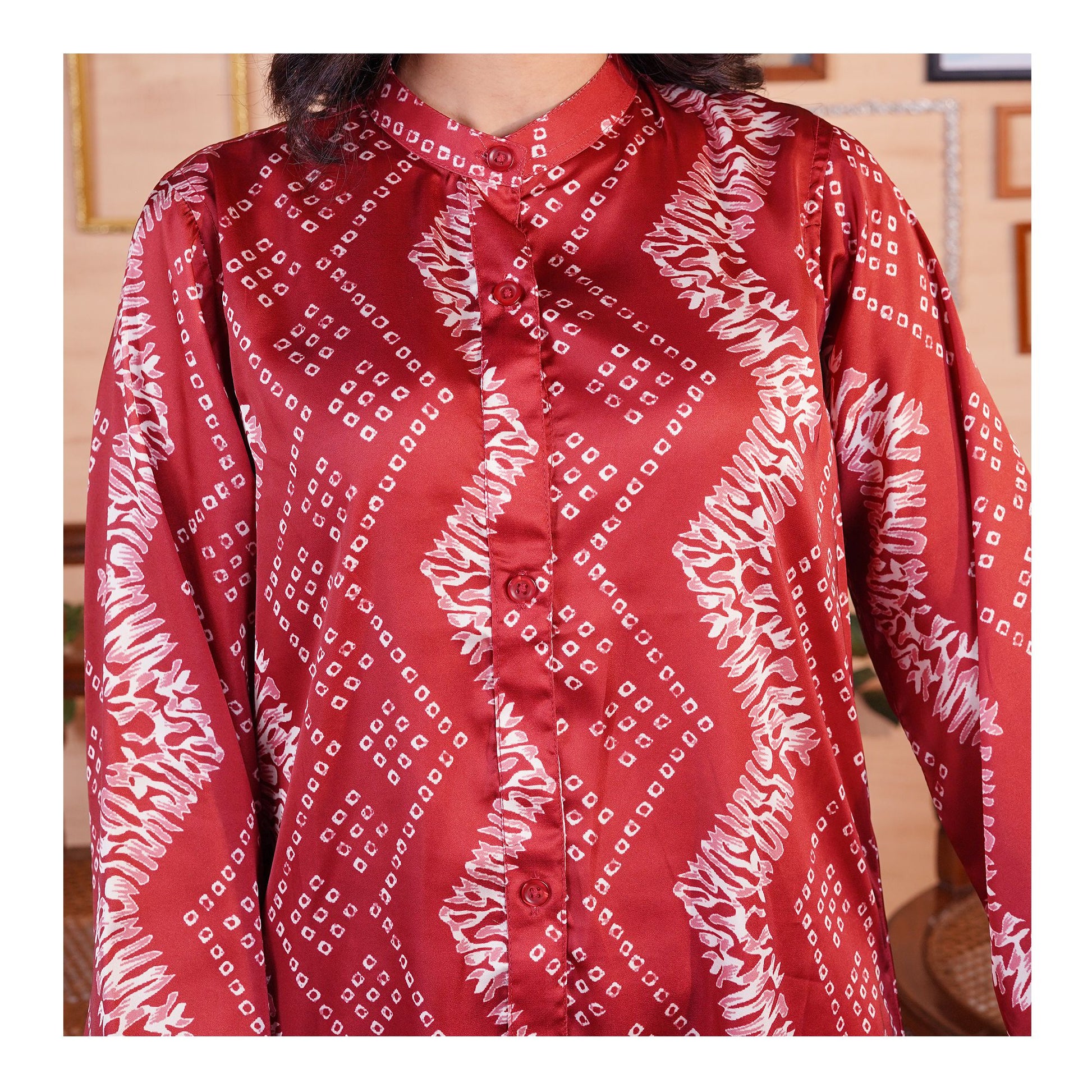 Basix Women's Digital Silk Relax Fit Fusion Co-Ord Set, Maroon & White, CORD-118