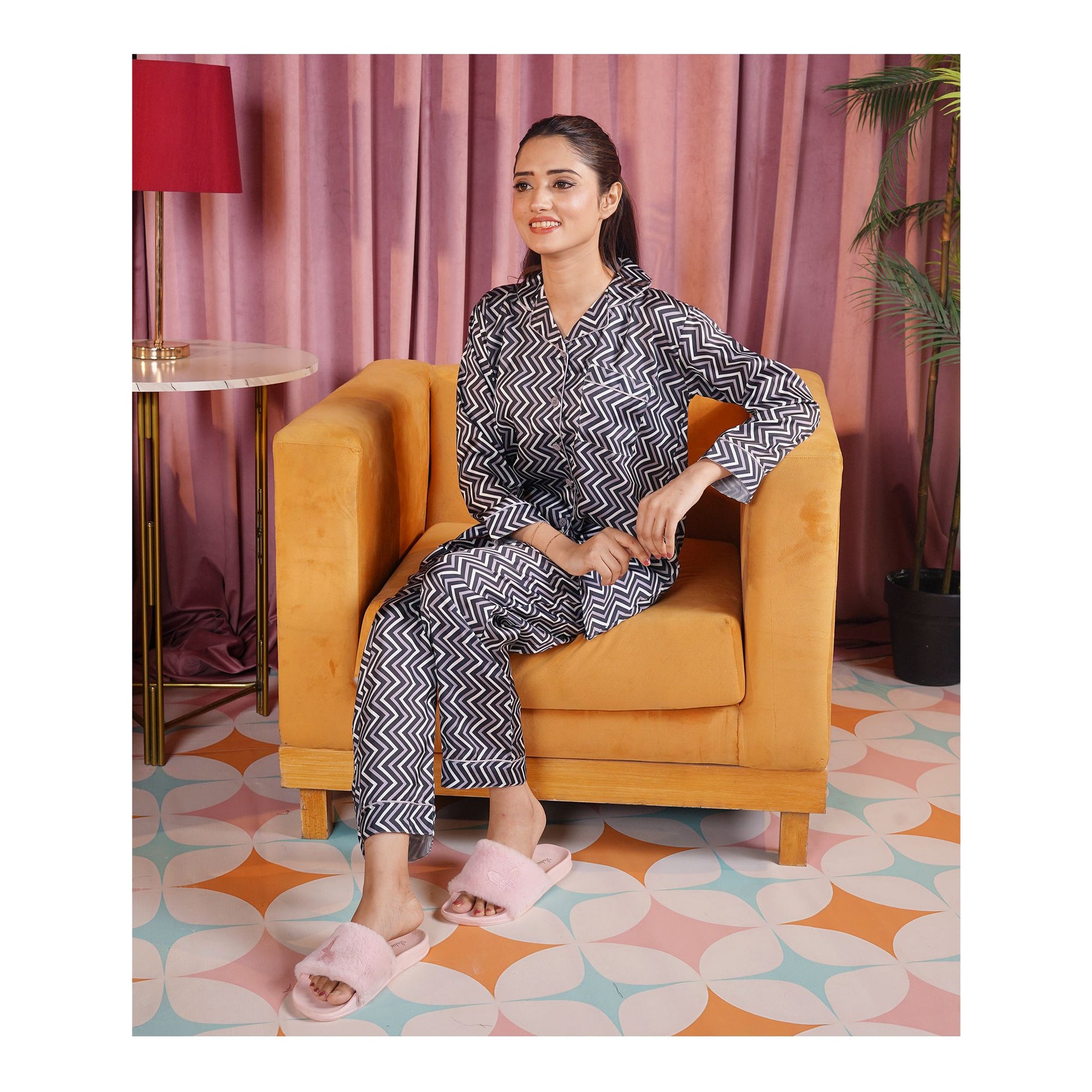 Basix Women's Zig Zag Loungewear 2-Piece Set, Black Steel Grey & White, LW-667